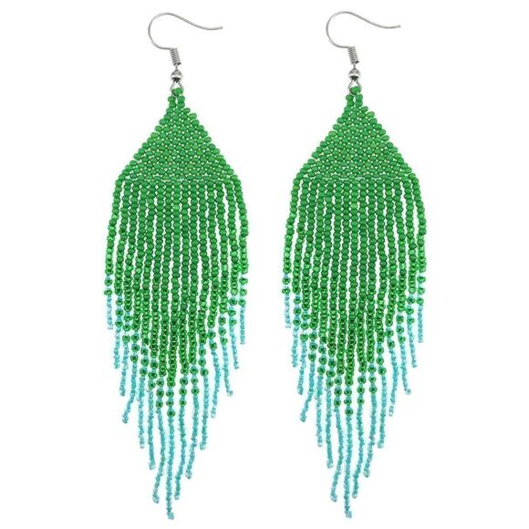 Green Bohemian Seed Bead Tassel Dangling Statement French Wire Hook Earrings - Picture 1 of 7